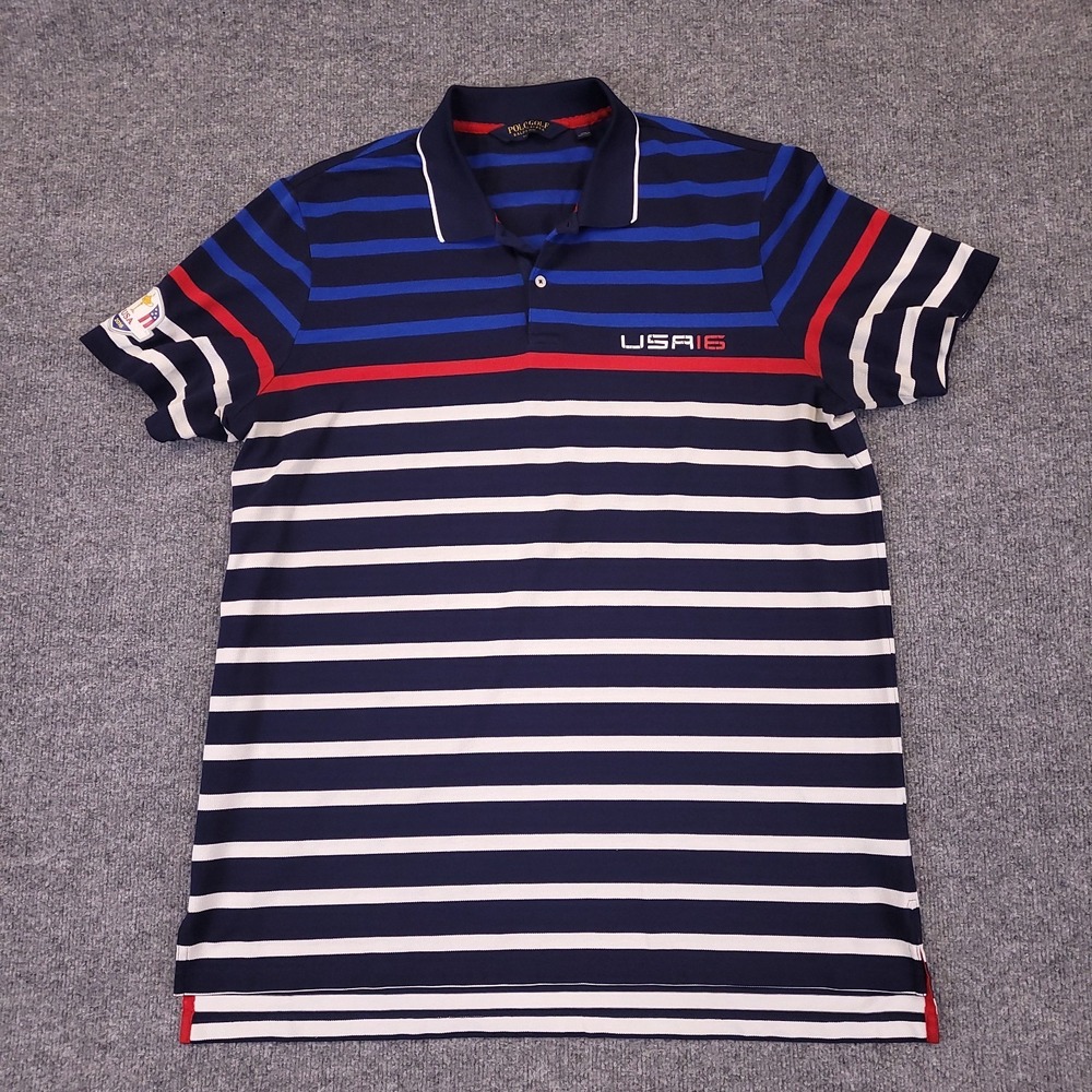 Polo Golf USA 16 Polo Shirt Mens XL Striped Stretch Premier‎ Golf Patch